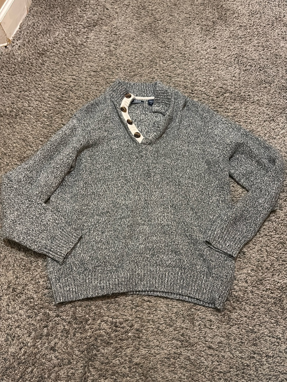 Izod Men’s Gray V-Neck Knit Sweater with Button Placket